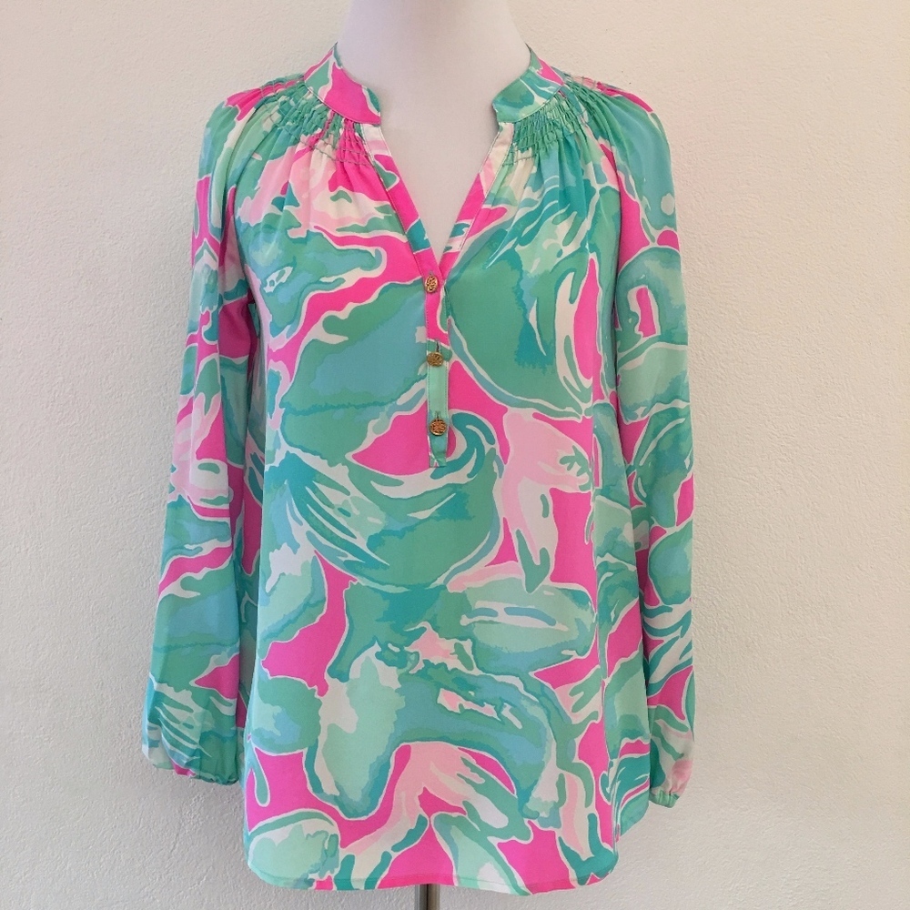 Lilly Pulitzer Silk Elsa Blouse XXS Pink Green